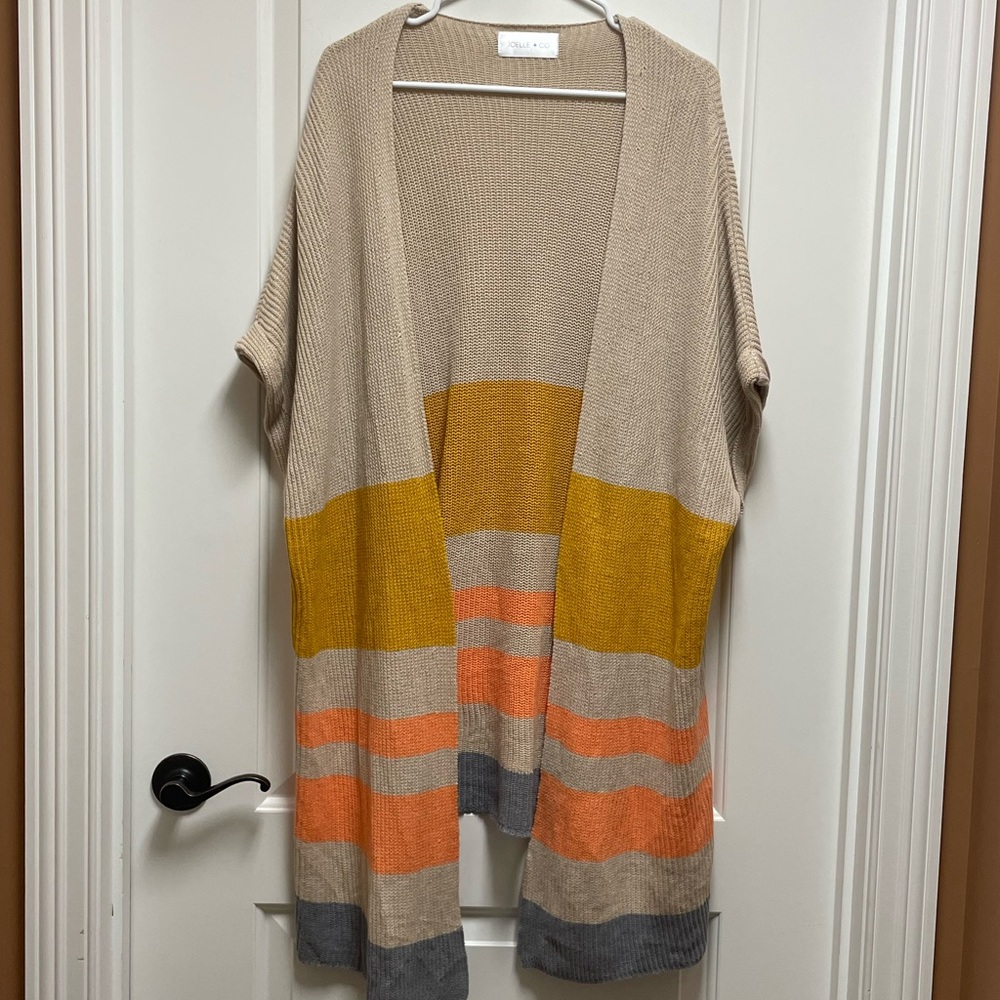 Striped Open-Front Long Cardigan in Beige, Mustard & Orange